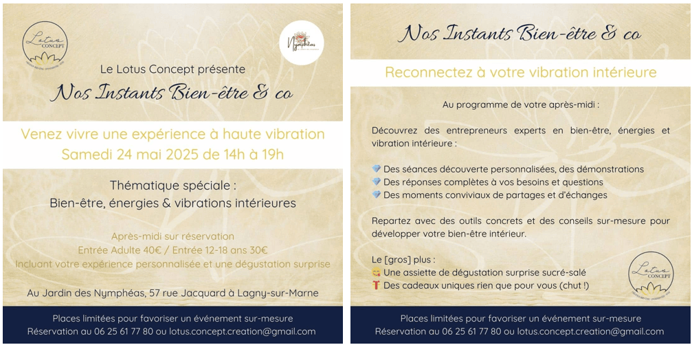 Flyer Nos Instants Bien-être & co - 24 mai 2025 Flyer événement bien-être du Lotus Concept, sur le thème des énergies et de la vibration intérieure