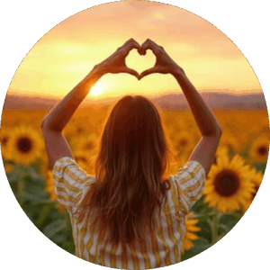 Jeune femme dans un champ de tournesols, formant un cœur avec ses mains, devant un coucher de soleil